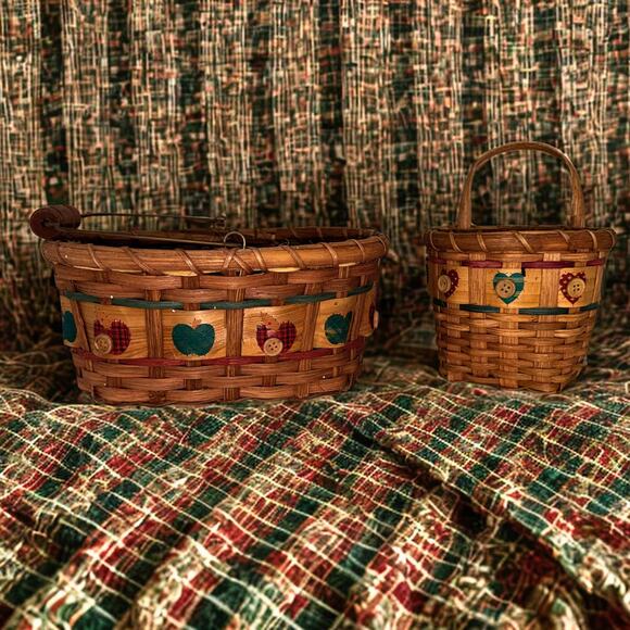 Vintage Country Heart Button Basket Duo – Rustic Wood Handle Wall & Table Set - Picture 2 of 11